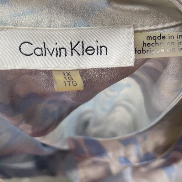 Calvin Klein Top Plus Size 1X Blue White Floral Button Up Roll Tab Sleeve Blouse - Picture 7 of 8